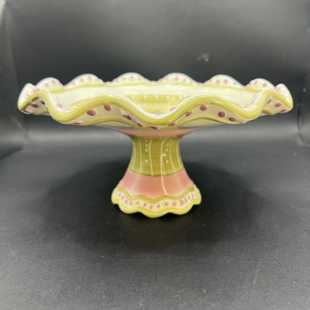 Home Garden Party Stoneware Pedestal Cake Stand Pastel Green Pink Dot 8.5 Inch